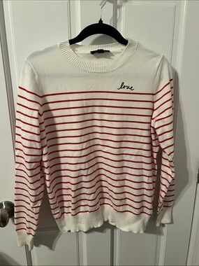 Cream Crewneck Sweater with Red Stripes and 'Love' Embroidery